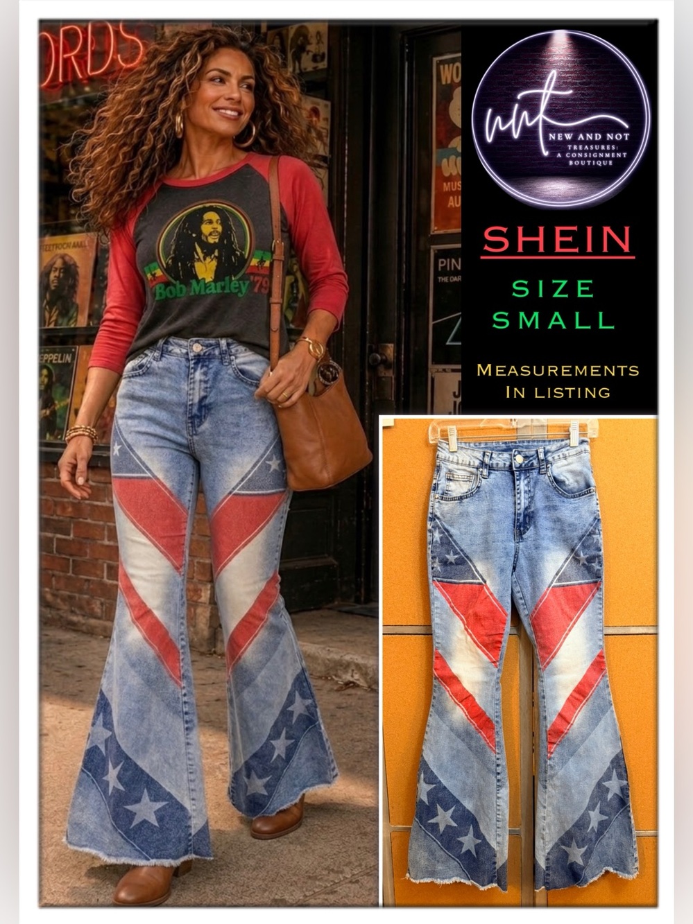 SHEIN Boho American Flag Flare Jeans Size Small Star Print Raw Hem Y2K Retro Fun